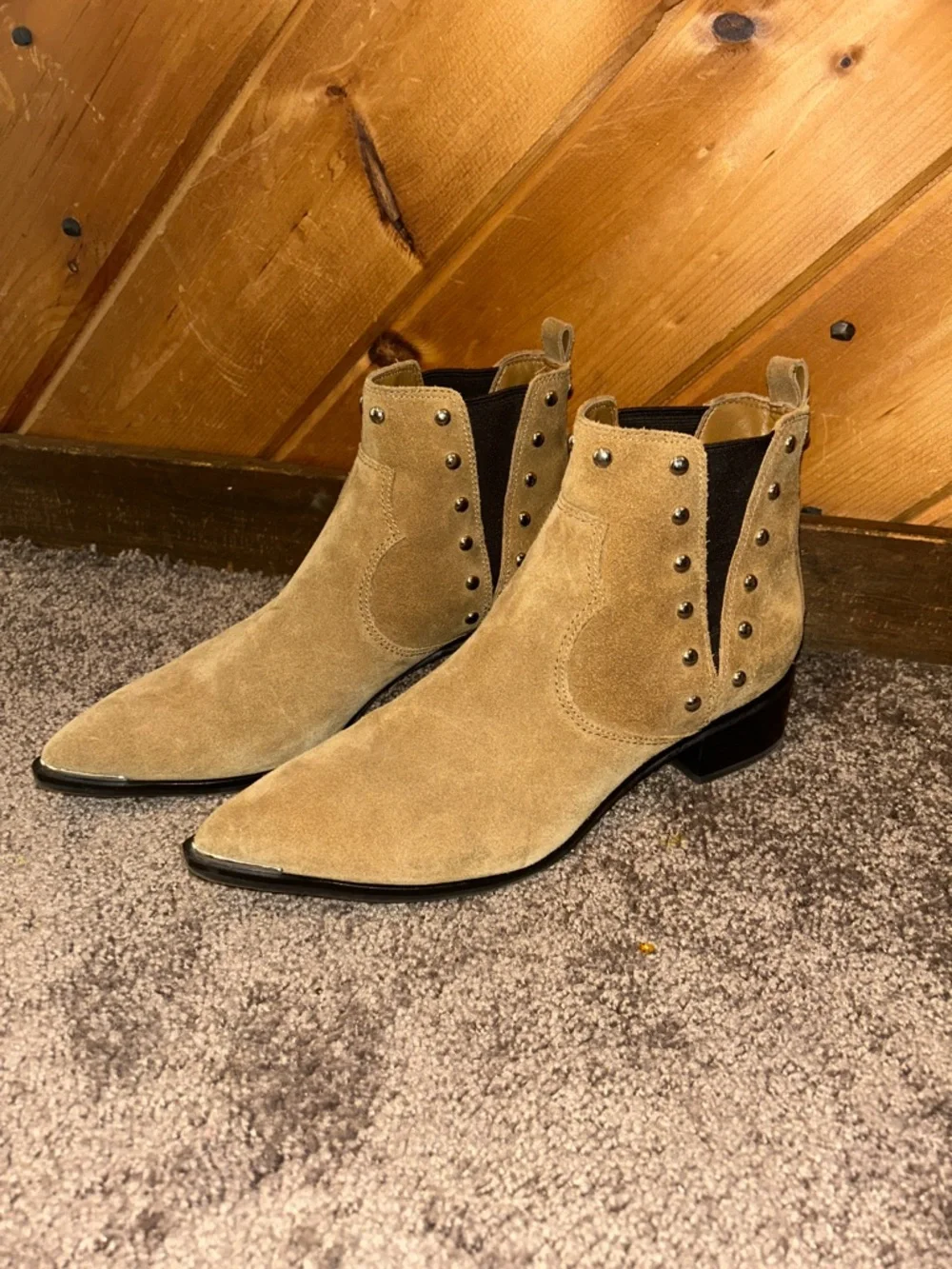 Marc Fisher Yentia Tan suede studded Chelsea ankle boots